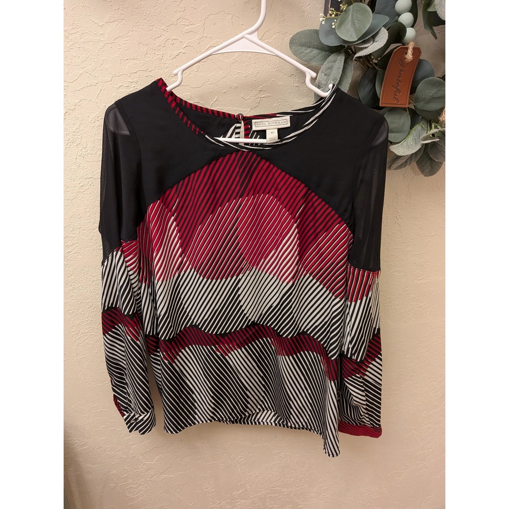 Dana Buchman Womens Red Black White Geometric Sheer Mesh Long Sleeve Blouse S